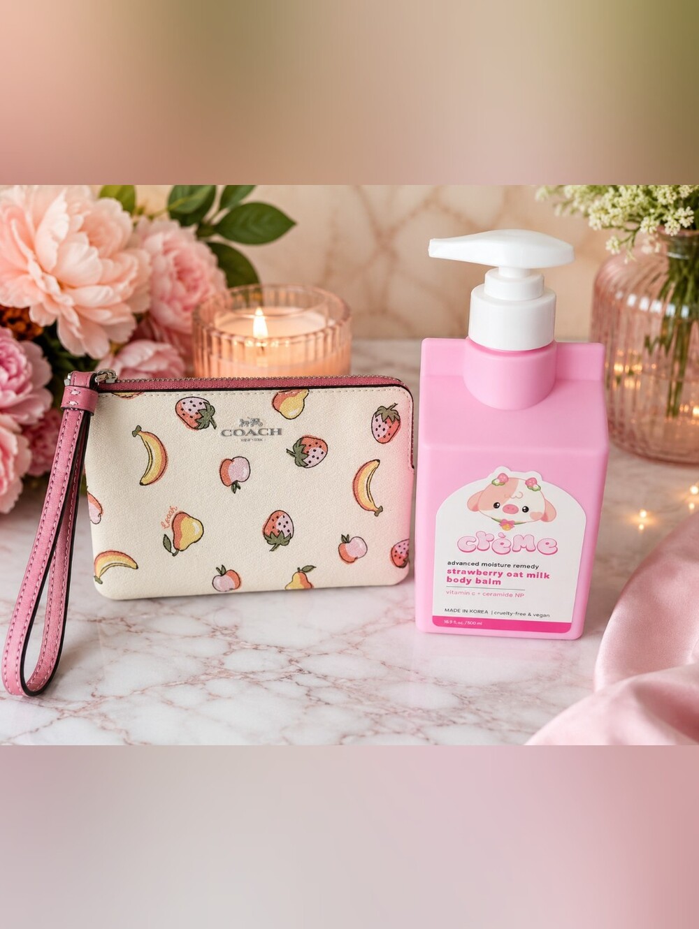 ✨️Coach Fruit Print Wristlet & Crème Strawberry Oat Milk Body Balm Bundle